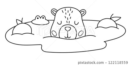 Vector black and white capybara icon. Cute line capibara swimming in pond with tangerines. Funny animal illustration isolated on white background. Comic guinea pig clipart, coloring page Vector black and white capybara icon. Cute line capibara swimming in pond with tangerines. Funny animal illustration isolated on white background. Comic guinea pig clipart, coloring page 122118559