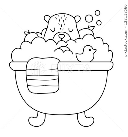 Vector black and white capybara icon. Cute line capibara taking bath with tangerines and little duck. Funny animal illustration isolated on white background. Comic guinea pig clipart, coloring page Vector black and white capybara icon. Cute line capibara taking bath with tangerines and little duck. Funny animal illustration isolated on white background. Comic guinea pig clipart, coloring page 122118560