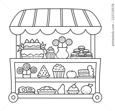 Vector black and white rolling snack cart with wheels. Candy shop line icon. Cartoon sweets stand illustration, coloring page. Pastry or bakery trolley clipart. Mobile vending stall, food trailer 122118576