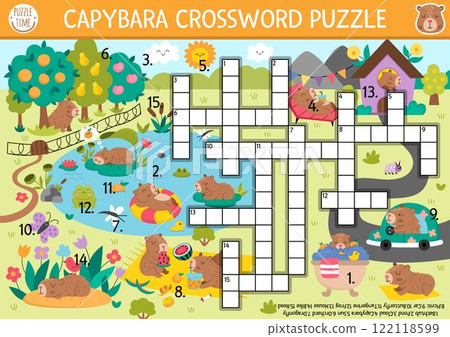 Vector capybara crossword puzzle for kids. Simple quiz with summer nature landscape for children. Educational activity with butterfly, reeds, garden. Capibara cross word with cute animal scene 122118599