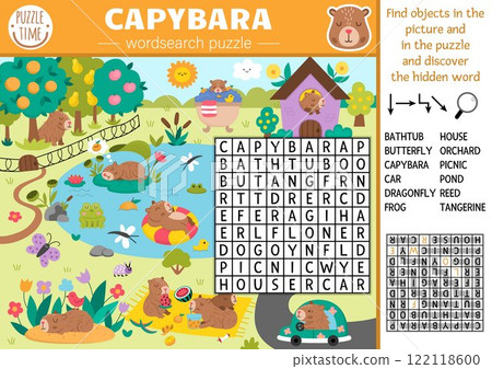 Vector capybara wordsearch puzzle for kids. Simple word search quiz with summer nature landscape. Educational activity with butterfly, reeds, garden. Capibara cross word with cute animal scene 122118600