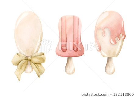 Cute ice cream clipart set. Lolly ice, white icing popsicle. Watercolor hand painted summer food illustration isolated on white background for nursery textile, baby clothes fabric, kids birthday, card Cute ice cream clipart set. Lolly ice, white icing popsicle. Watercolor hand painted summer food illustration isolated on white background for nursery textile, baby clothes fabric, kids birthday, card 122118800