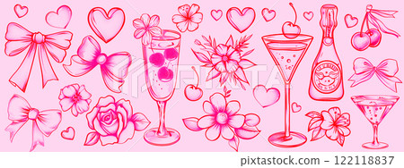 Wedding or Valentine's Day coquette style flowers, bows. Martini party set, alcohol beverage. Feminine pink celebration cocktail drink, aesthetic Valentine day. Hand-drawn ink. Ai generation Wedding or Valentine's Day coquette style flowers, bows. Martini party set, alcohol beverage. Feminine pink celebration cocktail drink, aesthetic Valentine day. Hand-drawn ink. Ai generation 122118837