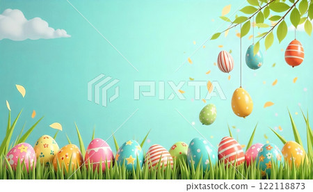 Easter eggs in a doodle style fall on top and hanging on a rope Easter eggs in a doodle style fall on top and hanging on a rope 122118873