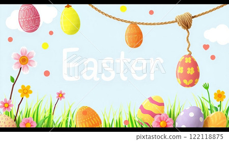 Easter eggs in a doodle style fall on top and hanging on a rope 122118875