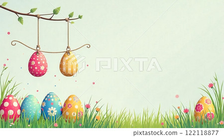 Easter eggs in a doodle style fall on top and hanging on a rope 122118877