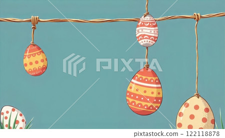 Easter eggs in a doodle style fall on top and hanging on a rope 122118878