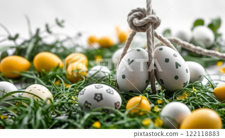Easter eggs in a doodle style fall on top and hanging on a rope Easter eggs in a doodle style fall on top and hanging on a rope 122118883