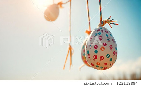 Easter eggs in a doodle style fall on top and hanging on a rope Easter eggs in a doodle style fall on top and hanging on a rope 122118884