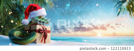 Christmas snake in Santa Claus hat. Year of the Snake. Chinese New Year banner postcard with a funny snake on the background of tropic sea view. Ai generative 122118913
