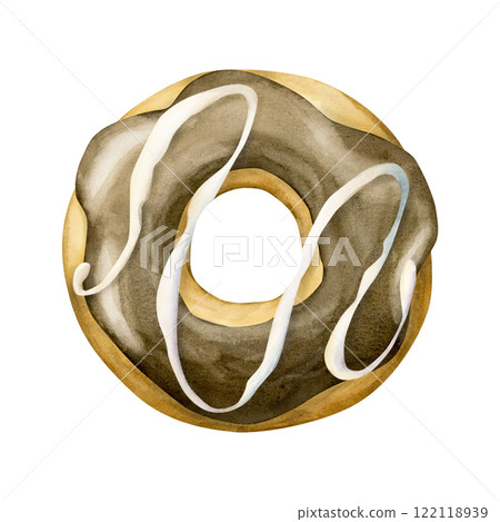 Donut . Chocolate glaze doughnut. Watercolor hand painted sweet food dessert illustration isolated on white background for confectionery design, delicious textile, nursery decor, kids birthday, bakery 122118939