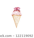 Pink ice cream watercolour set food art .Dessert heart , romantic illustration for lovers . Drawn ice cream in a waffle cup for postcards design print 122119092