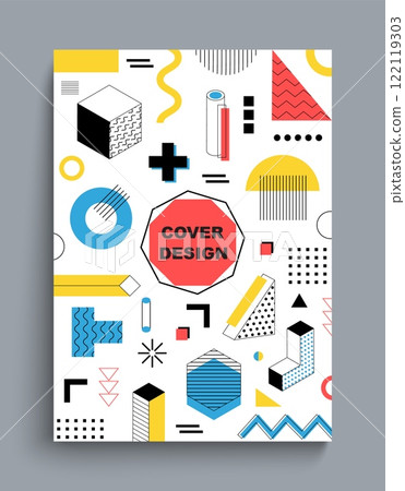 Geometric poster. Minimal style geometric Memphis figures, different simple colorful shapes. Frame with copy space for text. Contemporary minimal graphic. Flat isolated vector illustration 122119303