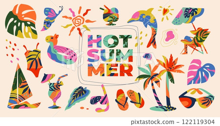 Summer pattern. Pool Boho party design. Cute hot happy fair with rainbow and cactus. Beach vacation bikini. Palm leaves. Lounge chair with umbrella. Vector abstract travel elements set Summer pattern. Pool Boho party design. Cute hot happy fair with rainbow and cactus. Beach vacation bikini. Palm leaves. Lounge chair with umbrella. Vector abstract travel elements set 122119304