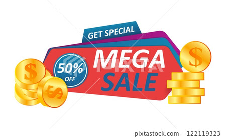 Mega sale. 50 per sent special offer, discount advertising label, emblem design, golden coins cashback, badge template. Web promotional information vector isolated illustration Mega sale. 50 per sent special offer, discount advertising label, emblem design, golden coins cashback, badge template. Web promotional information vector isolated illustration 122119323