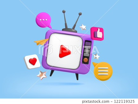 3D television icon. TV screen. Channel show. Bubble style movie concept with notification cloud or web talk action. Analog antenna. Render electronic display. Vector media broadcasting 3D television icon. TV screen. Channel show. Bubble style movie concept with notification cloud or web talk action. Analog antenna. Render electronic display. Vector media broadcasting 122119325