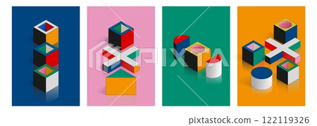 Isometric shape. Abstract poster design for school. Figures stack. Geometry cover with flat square or geometric graphic art. Cylinder and cross composition. Cube shadows. Vector cards set Isometric shape. Abstract poster design for school. Figures stack. Geometry cover with flat square or geometric graphic art. Cylinder and cross composition. Cube shadows. Vector cards set 122119326