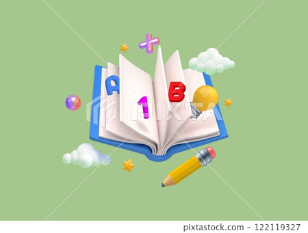 3d study icons. School book or dictionary notebook, open diary for student knowledge. Pen, document and lightbulb. Render glossy isolated elements flying. Minimal icon. Vector education concept 3d study icons. School book or dictionary notebook, open diary for student knowledge. Pen, document and lightbulb. Render glossy isolated elements flying. Minimal icon. Vector education concept 122119327