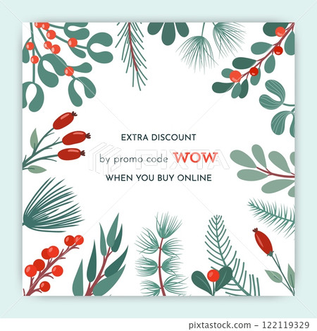 Christmas winter plants. Sale or discount special offer post for social media. Advertising banner template. Decorative botanical branches, berry frame. Vector cartoon flat isolated illustration Christmas winter plants. Sale or discount special offer post for social media. Advertising banner template. Decorative botanical branches, berry frame. Vector cartoon flat isolated illustration 122119329
