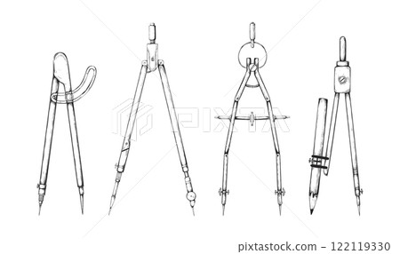 Vintage compass. Sketch stationery. Math education. Architecture tool or engineer drafting measure. Science instruments. Mathematics learning. Architect accessory vector symbols set 122119330