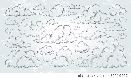 Vintage cloud. Sky sketch, hand draw black and white woodcut style isolated elements, retro line icon collection. Detailed fluffy engraving cloudscape, monochrome graphic vector pencil drawing Vintage cloud. Sky sketch, hand draw black and white woodcut style isolated elements, retro line icon collection. Detailed fluffy engraving cloudscape, monochrome graphic vector pencil drawing 122119332
