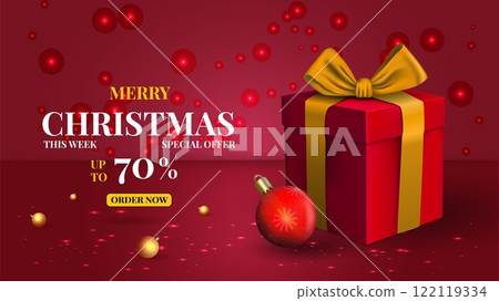 Christmas sale banner. Realistic isolated gift with golden bow and ribbon, shopping discount winter holidays premium advertising, special offer, poster design. Promo vector illustration Christmas sale banner. Realistic isolated gift with golden bow and ribbon, shopping discount winter holidays premium advertising, special offer, poster design. Promo vector illustration 122119334