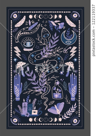 potion tarot cover. Mystic card design. Witch hand, snake and potion. Mushroom and occult crystal. Moon and candles. Poster or print in bohemian style. Cartoon flat isolated vector illustration 122119337