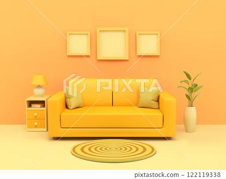 3D yellow room. House interior. Home sofa. Empty office with couch and lamp on table. Minimal scene decor. Apartment furniture. Pictures on wall. Residential building. Vector background 122119338