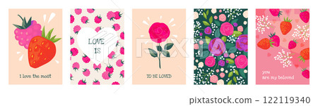 Love pattern. Heart, strawberry and flowers, birthday card, abstract pink posters or modern romance print page, notebook cover, digital wallpaper, minimal contemporary vector background Love pattern. Heart, strawberry and flowers, birthday card, abstract pink posters or modern romance print page, notebook cover, digital wallpaper, minimal contemporary vector background 122119340