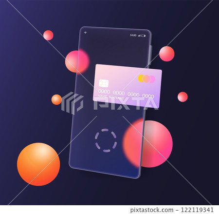 Glass phone screen. Banking app interface. Transparent morphism display. Credit card. Finance application. Mobile technology. Flying blur spheres. Vector smartphone plastic surface 122119341