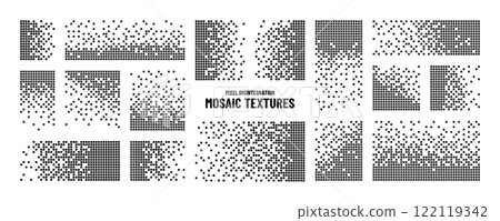 Pixel background. Mosaic dot pattern, space graphic texture effect for dissolve and rectangle design. Square shapes. Monochrome black and white grid. Gradient texture. Vector abstract set Pixel background. Mosaic dot pattern, space graphic texture effect for dissolve and rectangle design. Square shapes. Monochrome black and white grid. Gradient texture. Vector abstract set 122119342