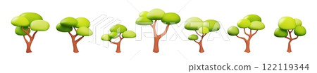 3d tree. Forest render glossy elements, bush green park or wood branch for environment landscape. Color summer grass leaf model. Summer landscape woodland objects. Vector background 122119344