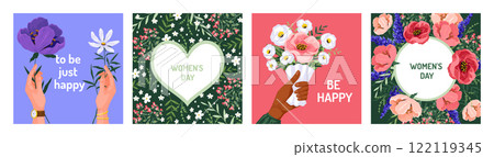 Women day. Spring flower bouquet, happy woman floral card or cute birthday mom poster, plant design. Hand hold beautiful blossoms. Vector cartoon flat style isolated flora illustration 122119345