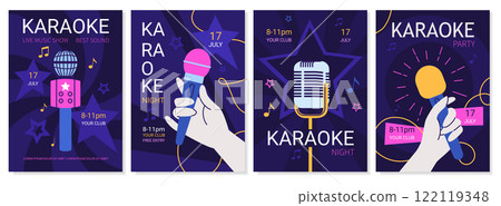Karaoke poster. Musicians sing with microphones. Mic for song concert. Retro club. Mouth party flyer. Music art show. Nightclub entertainment. Audio mike. Vector invitation banners set 122119348