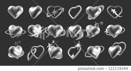 Chrome heart. 3d silver futuristic design, modern stylish star elements as cyber Y2K concept, digital love stickers 90s collection. Holographic liquid romantic symbols. Vector isolated set 122119349