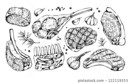 Meat sketch. Beef steak, grill food like bbq pork, vintage butchery lamb menu cover decorative. Piece of sirloin rib, raw ingredients. Kitchen hand drawn elements. Vector butcher graphic set Meat sketch. Beef steak, grill food like bbq pork, vintage butchery lamb menu cover decorative. Piece of sirloin rib, raw ingredients. Kitchen hand drawn elements. Vector butcher graphic set 122119353