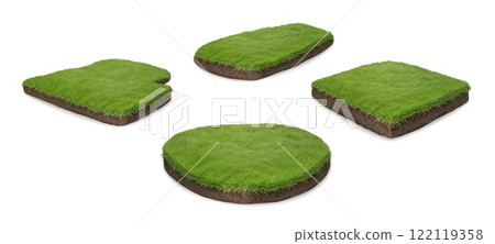 3D grass. Green land. Field plot. Garden floor texture. Lawn piece of stone island. Realistic soil stage. Park turf. Natural meadow ground. Yard plant. Vector landscape backgrounds set 122119358