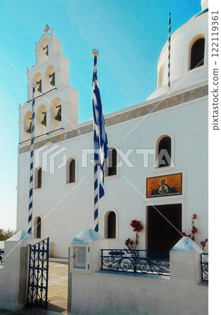 The Orthodox Church of Panagia Akathistos Hymn Holy. Facade view. Oia, Santorini. The Orthodox Church of Panagia Akathistos Hymn Holy. Facade view. Oia, Santorini. 122119361