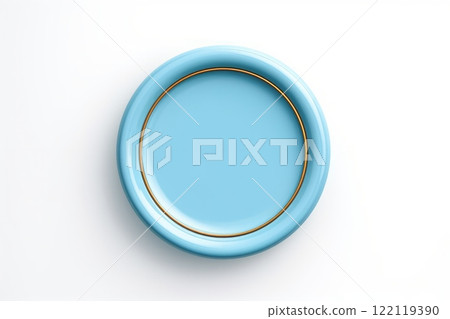 Empty simple light blue plate with gold circle isolated on white background. View from top. Circle frame or shape isolated on white background. Generated AI 122119390