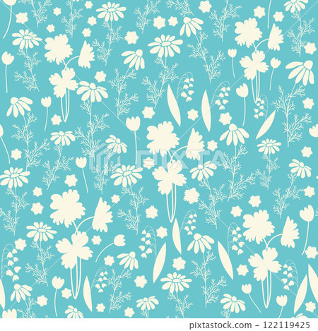 bicolor contour silhouette seamless pattern with flowers and leaves. Abstract floral spring, summer pastel pattern. bicolor contour silhouette seamless pattern with flowers and leaves. Abstract floral spring, summer pastel pattern. 122119425
