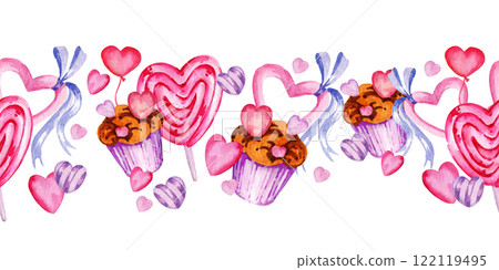 Watercolor seamless board of valentine day theme with different heart, candy, sweets and muffins, hand draw illustration, pink and lilac color frame on white background 122119495