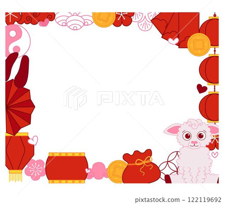 2027 Chinese new year of sheep rectangle template frame design.  CNY related objects around. Vector graphic line illustration 122119692