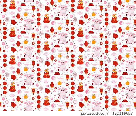 Lunar New Year of sheep 2027 seamless pattern, vector graphic line illustration. traditional patterns, Chinese Holiday card design. Hand drawn vector illustration. Decorative flat style. Lunar New Year of sheep 2027 seamless pattern, vector graphic line illustration. traditional patterns, Chinese Holiday card design. Hand drawn vector illustration. Decorative flat style. 122119698