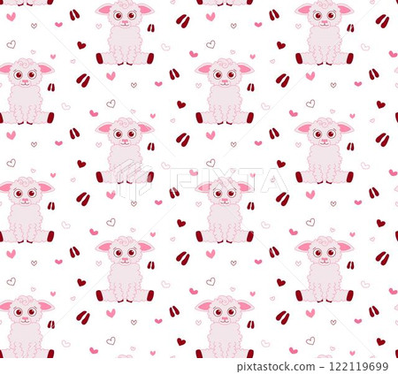 Cute baby sheep with footprint and pink hearts vector seamless pattern. Cute fabric design. Cartoon style vector background. Repeating surface pattern. 122119699