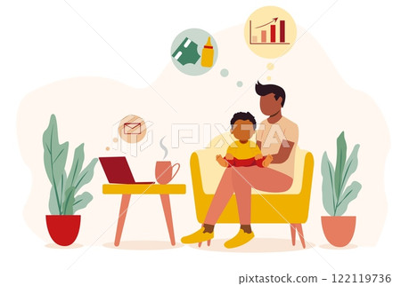 Father on maternity leave enjoys quality time with child while juggling work responsibilities at home 122119736