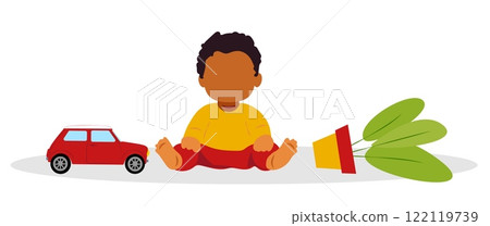 Child playing on the floor surrounded by a toy car and a potted plant during a creative indoor activity 122119739