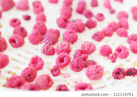 Process of drying raspberry berries in a kitchen appliance. Raspberry in a dryer. Preparing dried sweet berries at home. Delicacy that will keep for a long time. 122119761