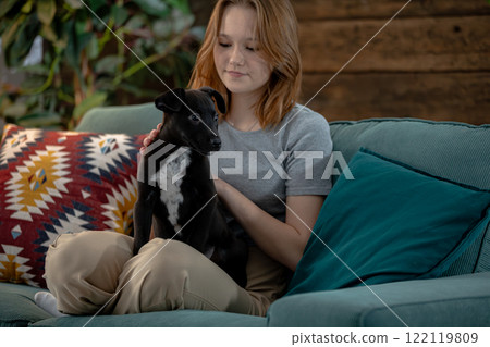 Enjoying Cozy Moments with a Dog on the Couch, Filled with Love and Comfort Together Enjoying Cozy Moments with a Dog on the Couch, Filled with Love and Comfort Together 122119809