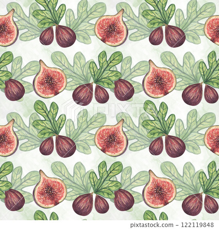 Bright watercolor pattern depicting ripe fig fruits, juicy purple color, red fruits with green foliage. Delicate watercolor background. Seamless pattern for summer prints, textiles, kitchen fabrics. 122119848