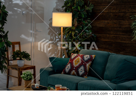 A Cozy Living Room featuring a Green Sofa accompanied by Stylish and Elegant Decor 122119851